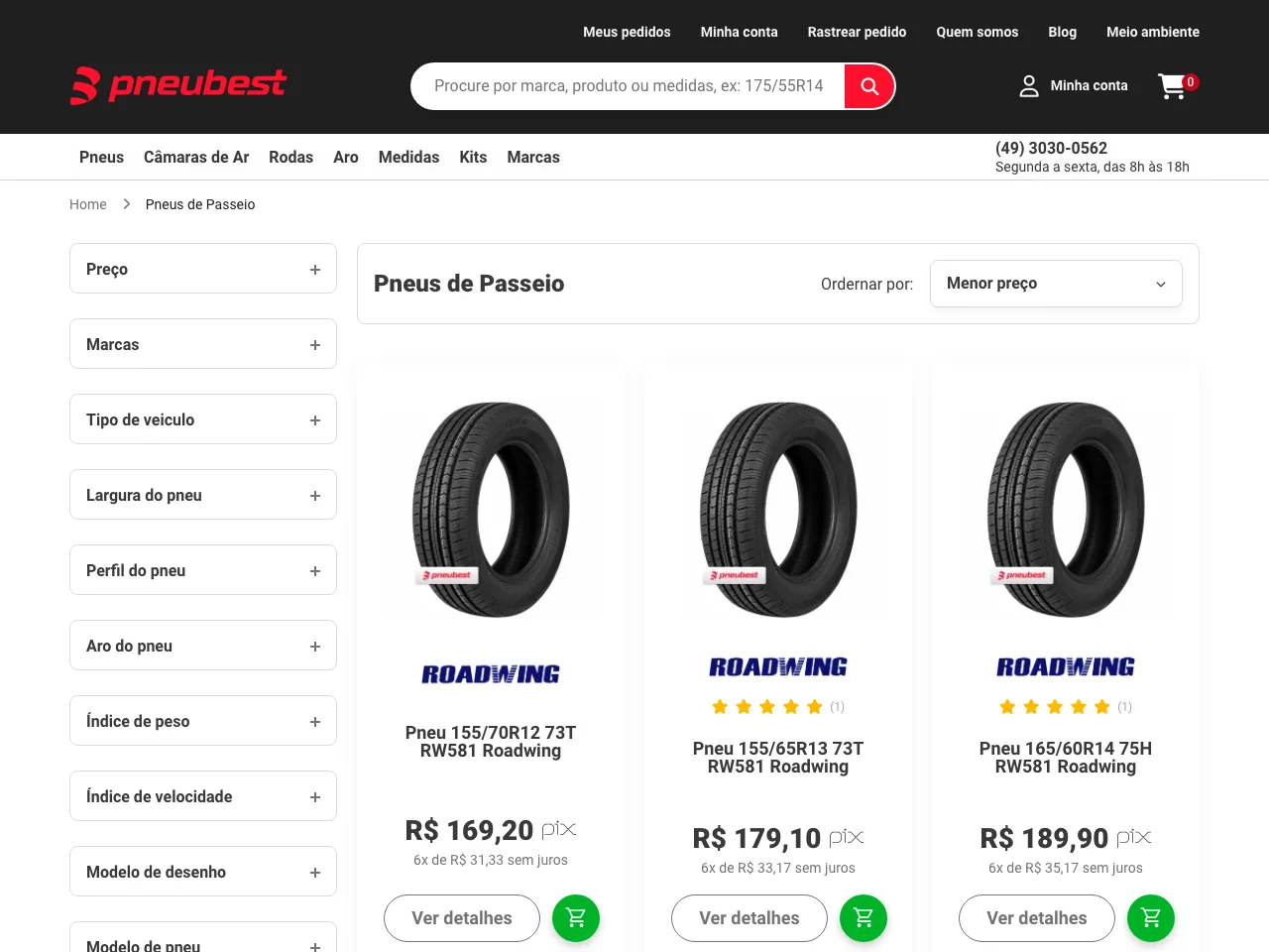 Categoria Pneus de Passeio da loja Pneubest, com filtros por marca, medida e aro