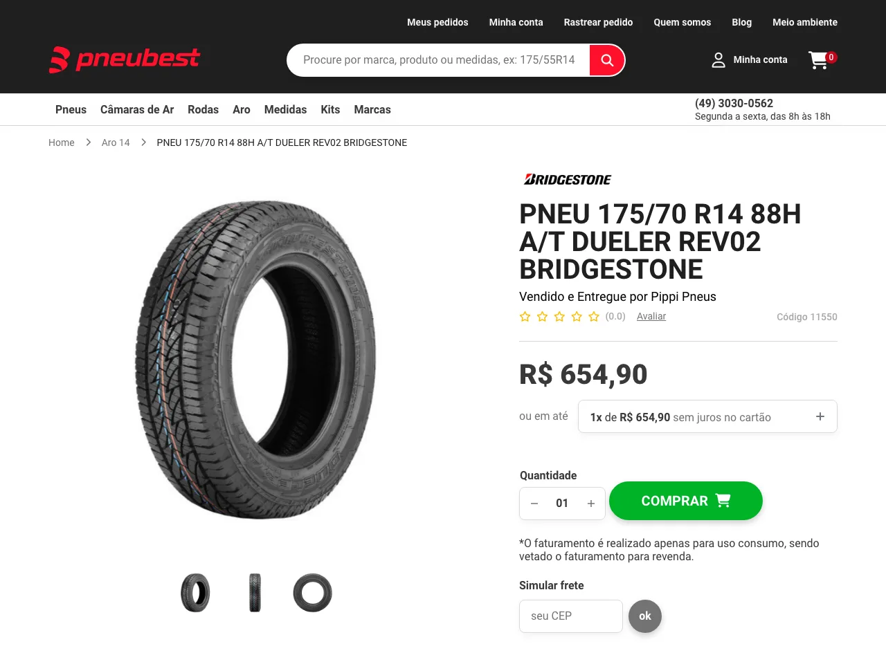 Página de produto da Pneubest com preço, parcelamento e simulação de frete