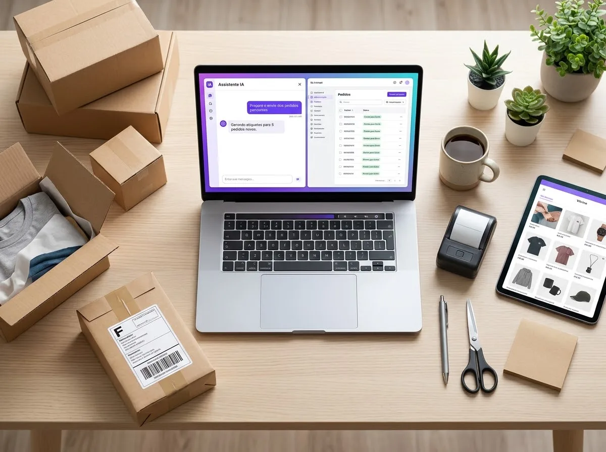 Mesa de trabalho com notebook mostrando um assistente de IA gerando etiquetas de pedidos, ao lado de caixas, impressora de etiquetas e tablet com a vitrine da loja