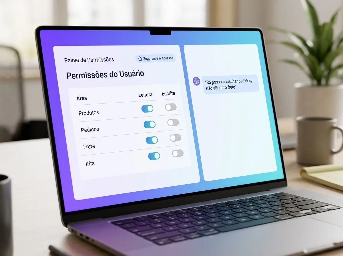 Notebook com painel de permissões por área e um assistente de IA informando que só pode consultar pedidos