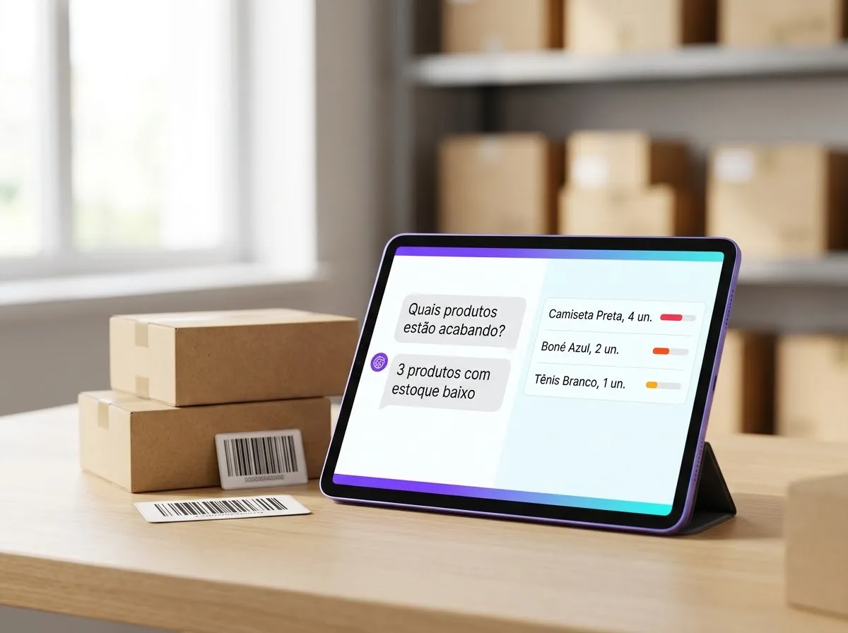Tablet mostrando um chat de IA que lista os produtos com estoque baixo