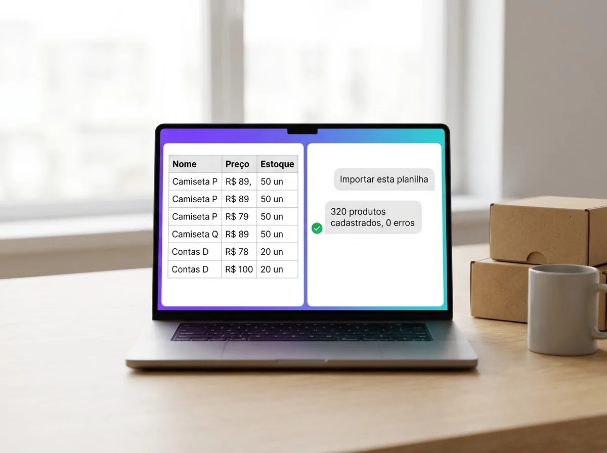 Notebook com uma planilha de produtos e um chat de IA confirmando a importação sem erros