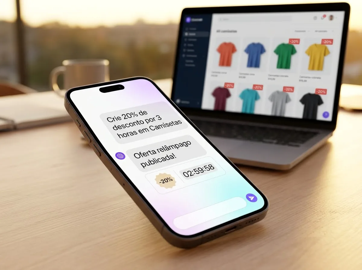 Celular com um chat de IA publicando uma oferta relâmpago de 20% em camisetas
