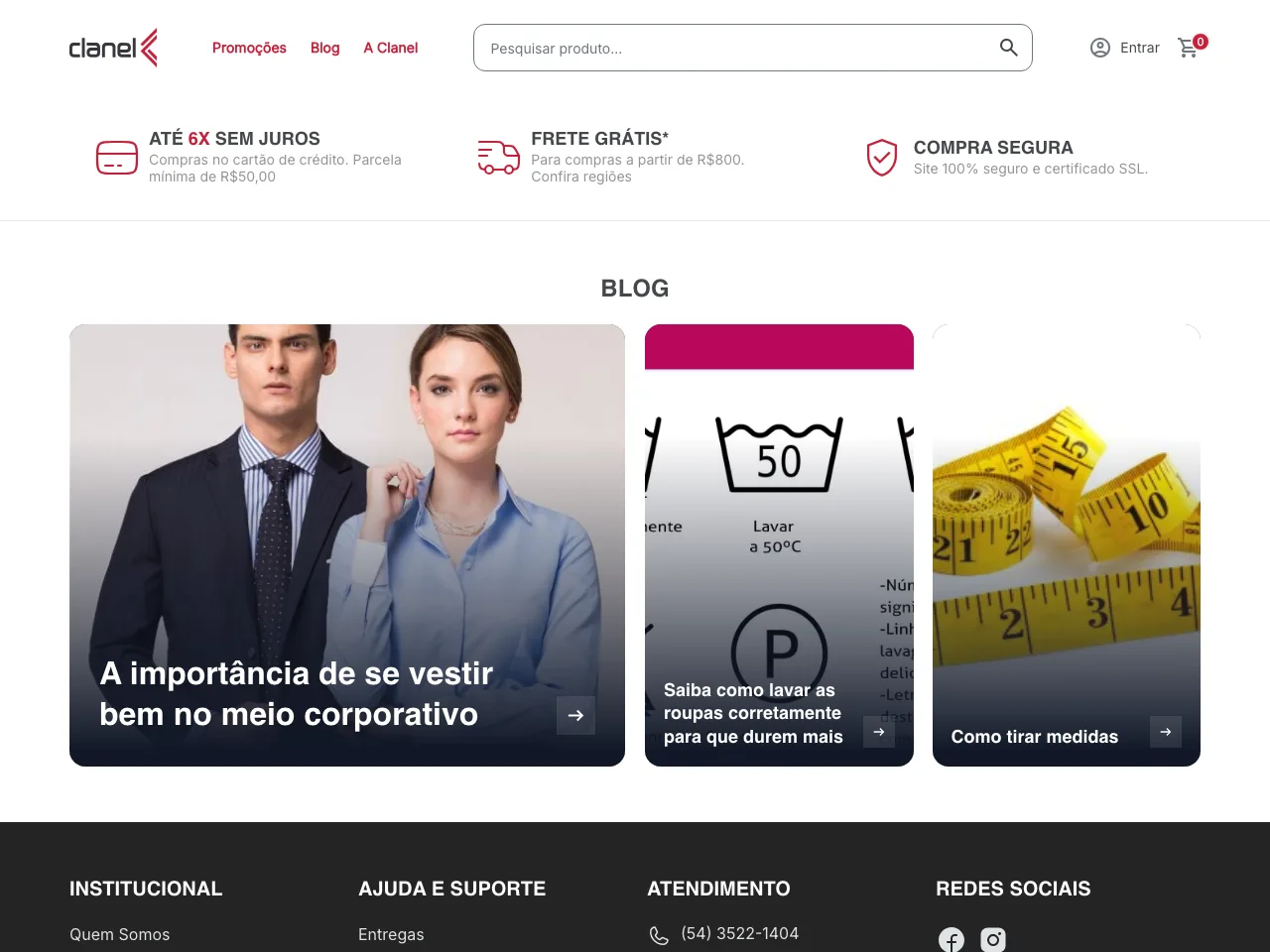 Página inicial da loja B2B da Clanel Confecções no Astrus Commerce