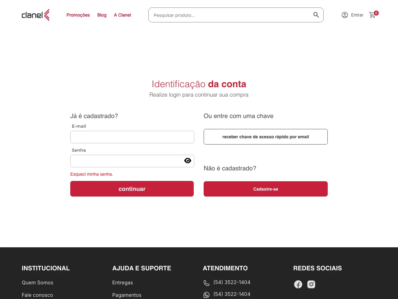 Tela de identificação da loja Clanel, onde o cliente B2B entra com login ou chave de acesso antes de comprar