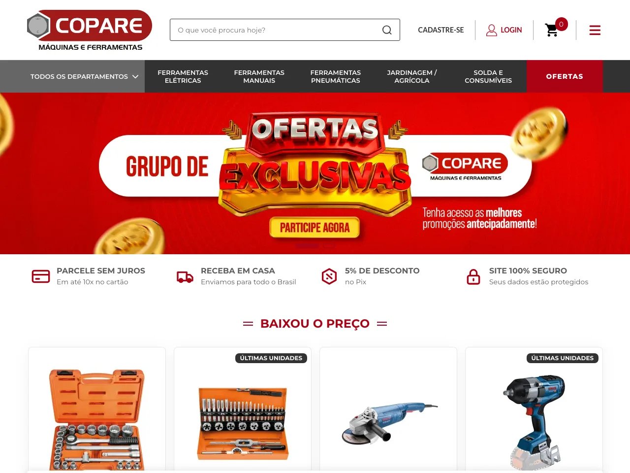 Página inicial da loja Copare Máquinas e Ferramentas no Astrus Commerce, com ofertas de ferramentas