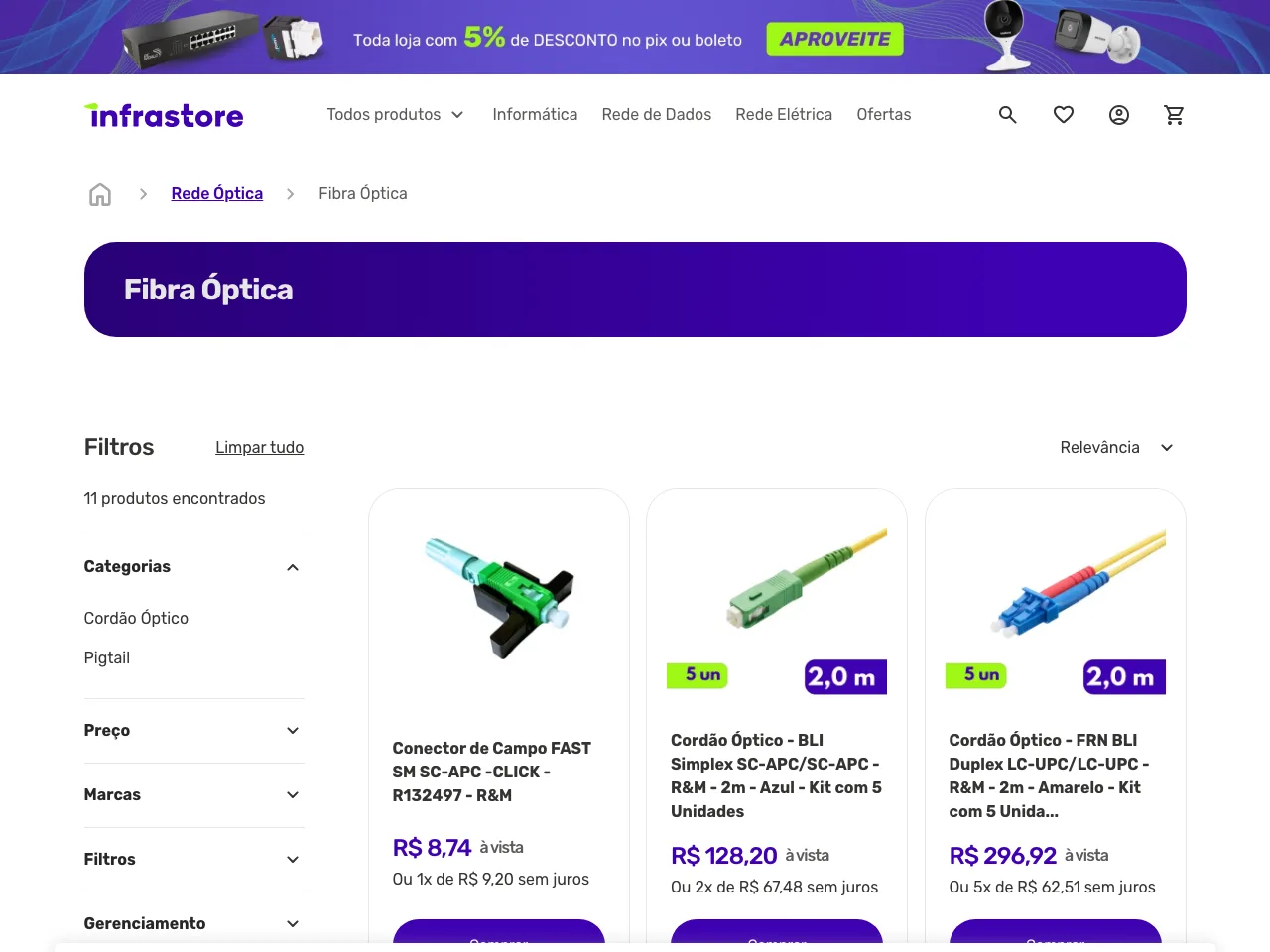 Categoria de produtos de fibra óptica da loja Infrastore no Astrus Commerce