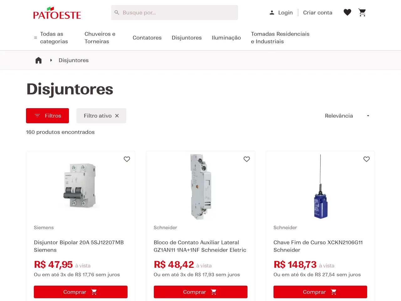 Categoria de disjuntores da loja Patoeste com 160 produtos, filtros e marcas como Siemens e Schneider