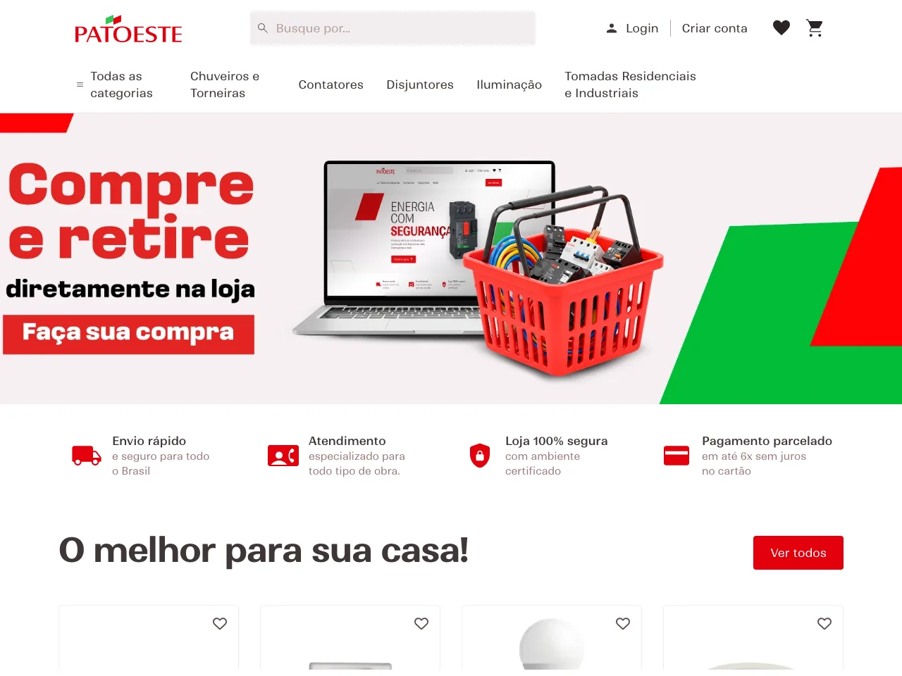 Página inicial da loja Patoeste com o banner Compre e retire diretamente na loja