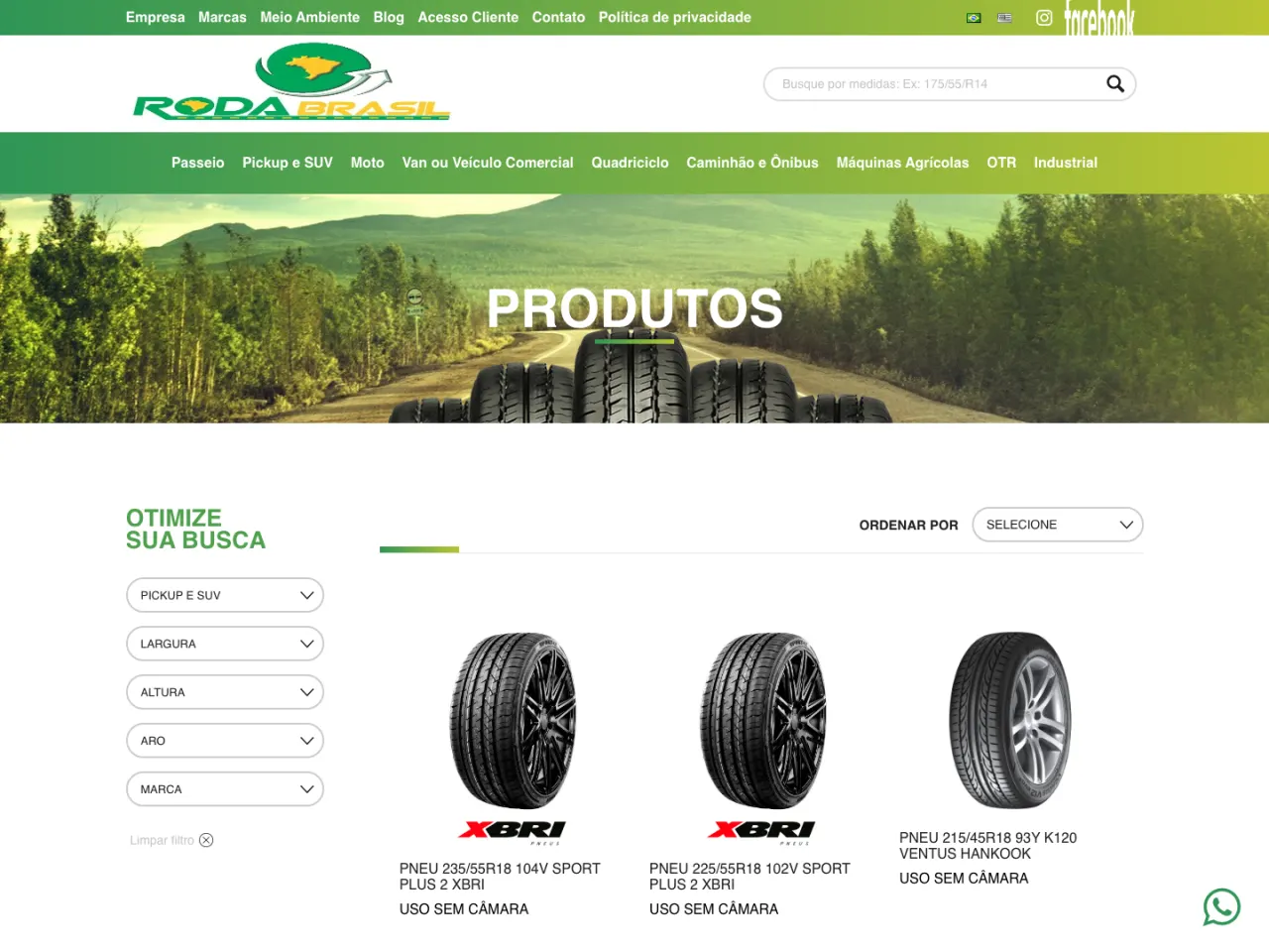 Categoria de pneus para pickup e SUV da Roda Brasil com filtros por largura, altura, aro e marca