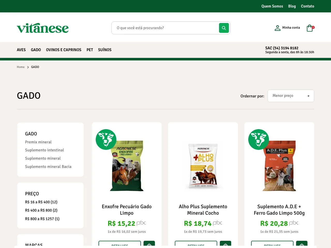 Categoria de produtos para gado na loja Vitanese, com suplementos e minerais