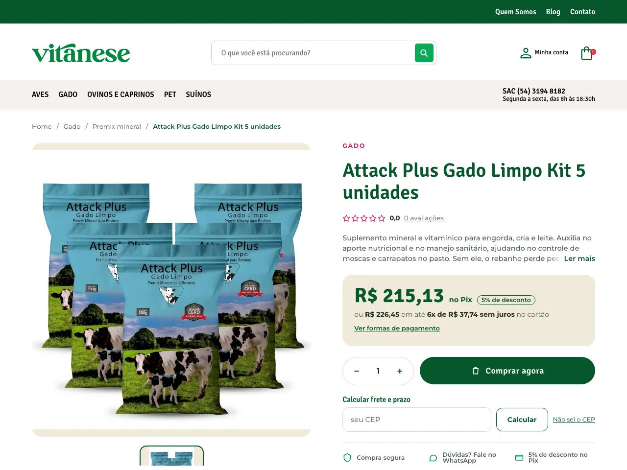 Página de produto da Vitanese com o Attack Plus Gado Limpo em kit de 5 unidades